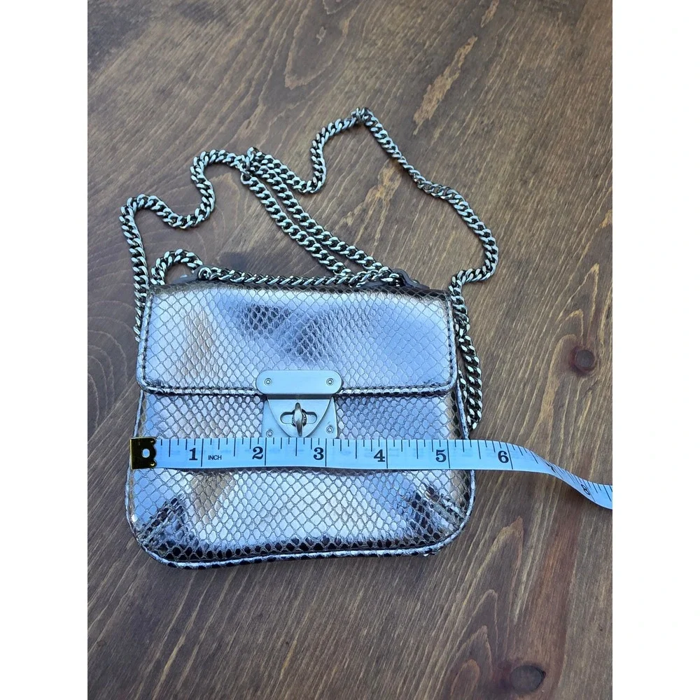 Talbots Womens Metallic Silver Snakeskin Embossed Leather Chain Crossbody Bag